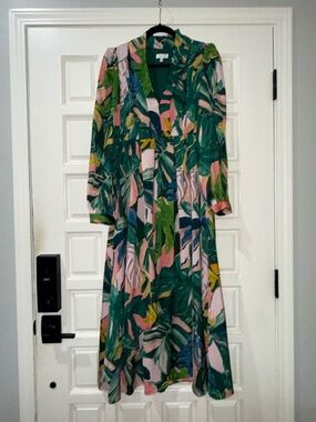 TCEC Green and Pink Leaf-Print Midi Dress